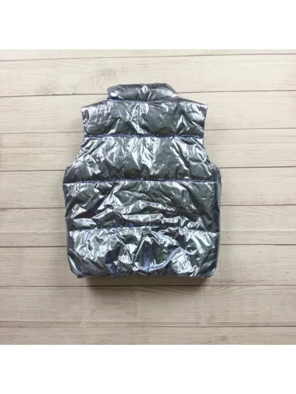 Old Navy Kids Metallic Blue Silver Water Resistant Puffer Vest L 10-12